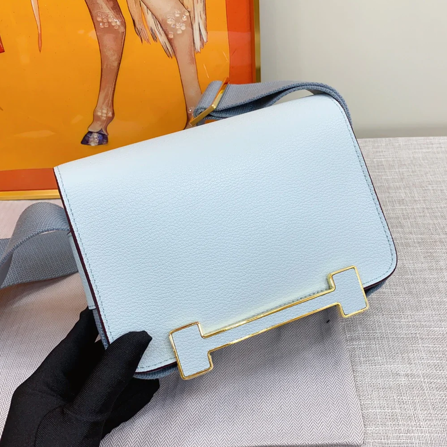 Serene Pale Mist Blue Compact Rectangular Box Pouch With Wide Woven Fabric Strap And Horizontal Framed Luminous Golden Metal Clasp