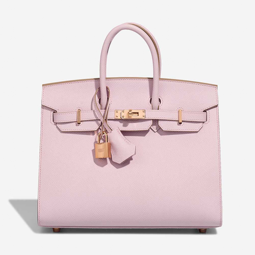 Delicate Pale Mauve Pink Fine Grain Sharp Lined Compact Trapezoid Tote With Warm Blush Rose Gold Twist Lock Hardware And Matching Tonal Suspended Padlock Charm