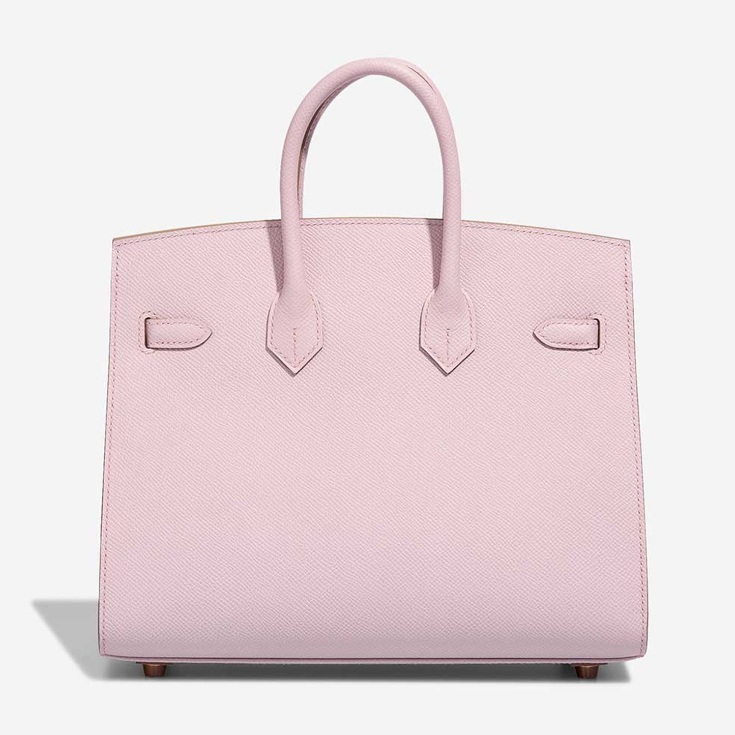Delicate Pale Mauve Pink Fine Grain Sharp Lined Compact Trapezoid Tote With Warm Blush Rose Gold Twist Lock Hardware And Matching Tonal Suspended Padlock Charm