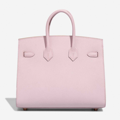 Delicate Pale Mauve Pink Fine Grain Sharp Lined Compact Trapezoid Tote With Warm Blush Rose Gold Twist Lock Hardware And Matching Tonal Suspended Padlock Charm