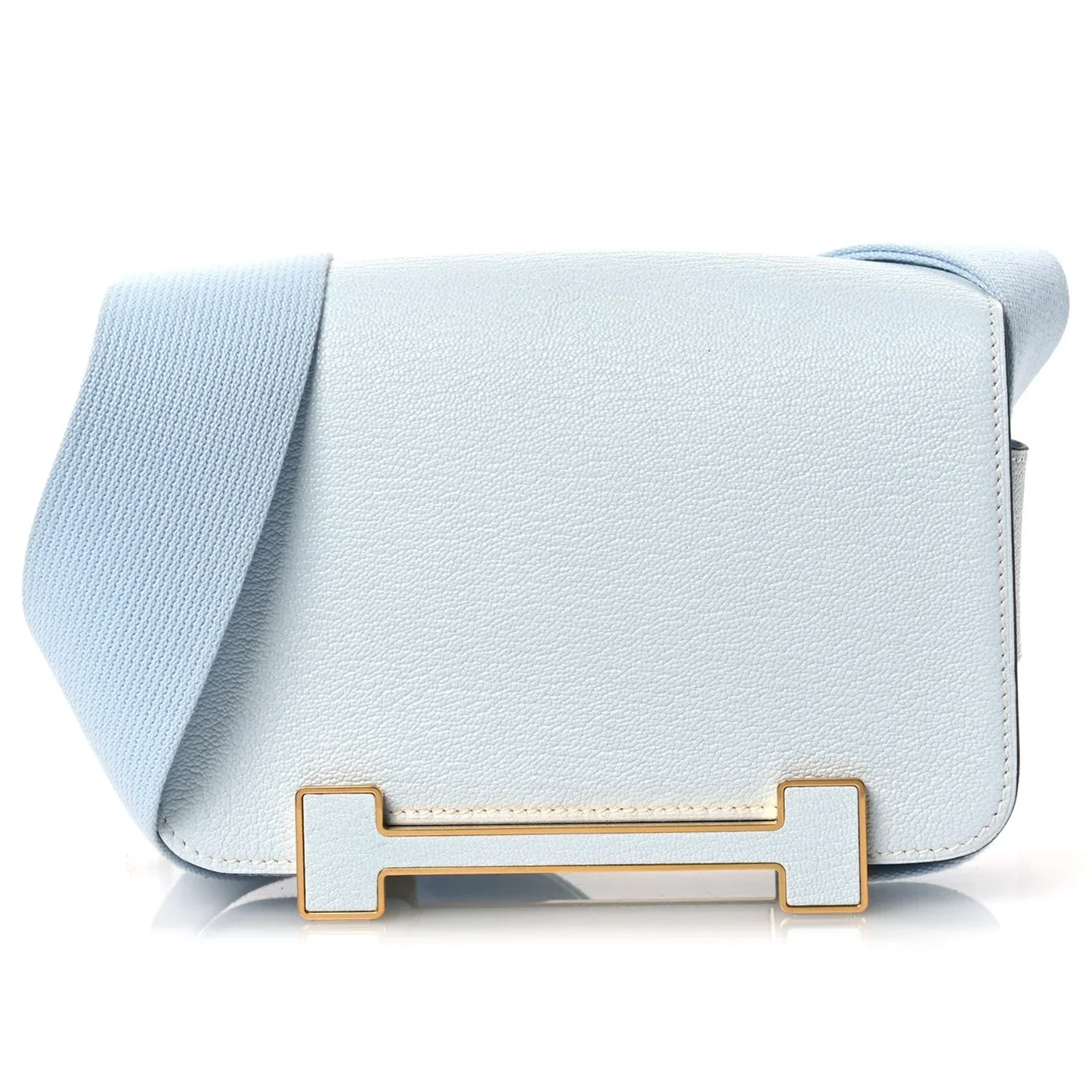 Serene Pale Mist Blue Compact Rectangular Box Pouch With Wide Woven Fabric Strap And Horizontal Framed Luminous Golden Metal Clasp