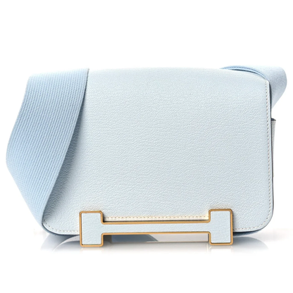 Serene Pale Mist Blue Compact Rectangular Box Pouch With Wide Woven Fabric Strap And Horizontal Framed Luminous Golden Metal Clasp