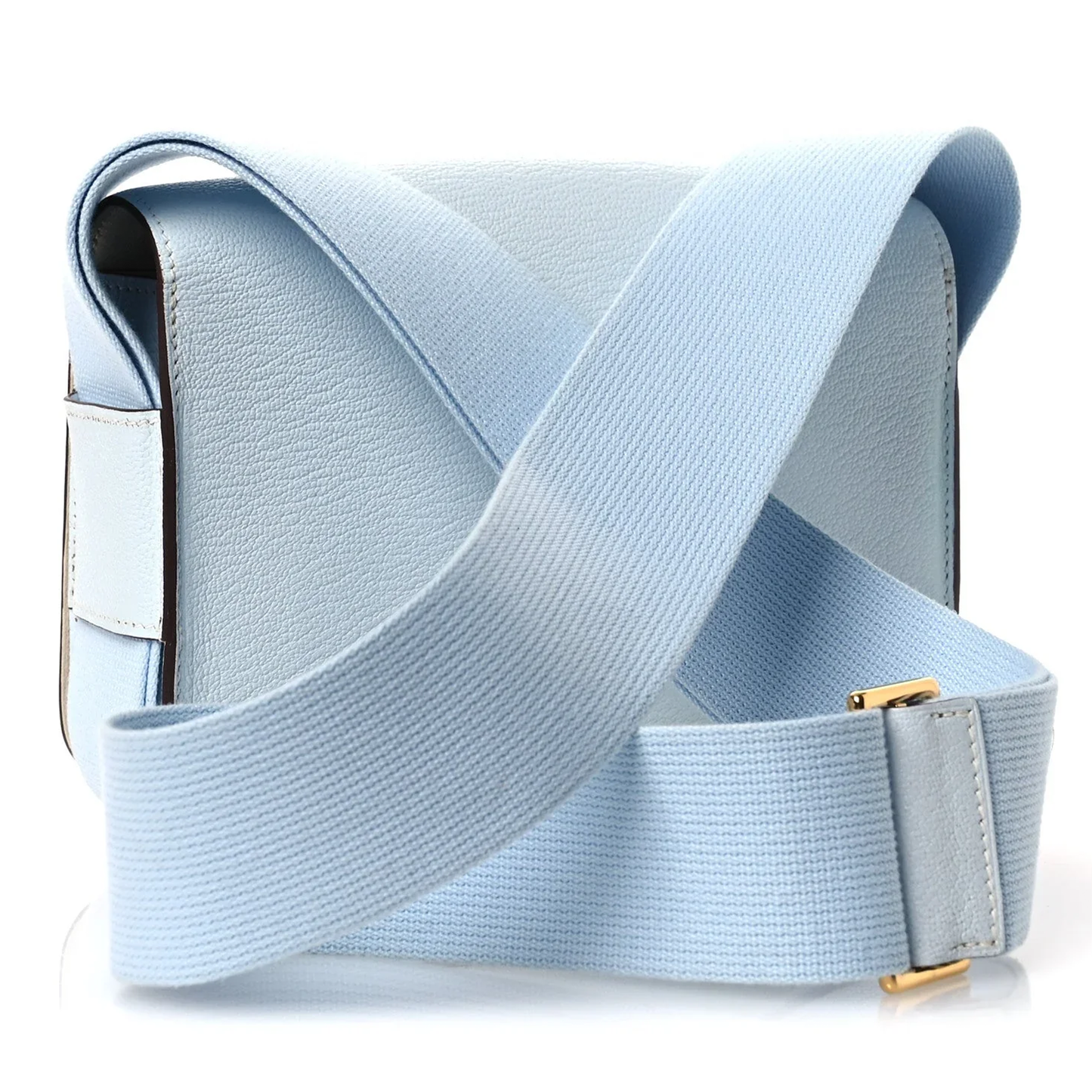 Serene Pale Mist Blue Compact Rectangular Box Pouch With Wide Woven Fabric Strap And Horizontal Framed Luminous Golden Metal Clasp