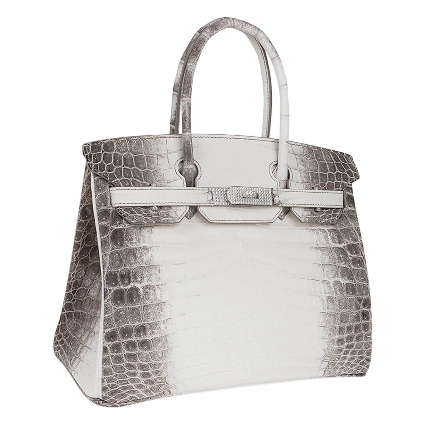 Gradient Pale Ivory Taupe Scaled Medium Structured Trapezoid Tote With Crystal Inlaid Silvery Hardware And Stone Embellished Suspended Metal Padlock Charm