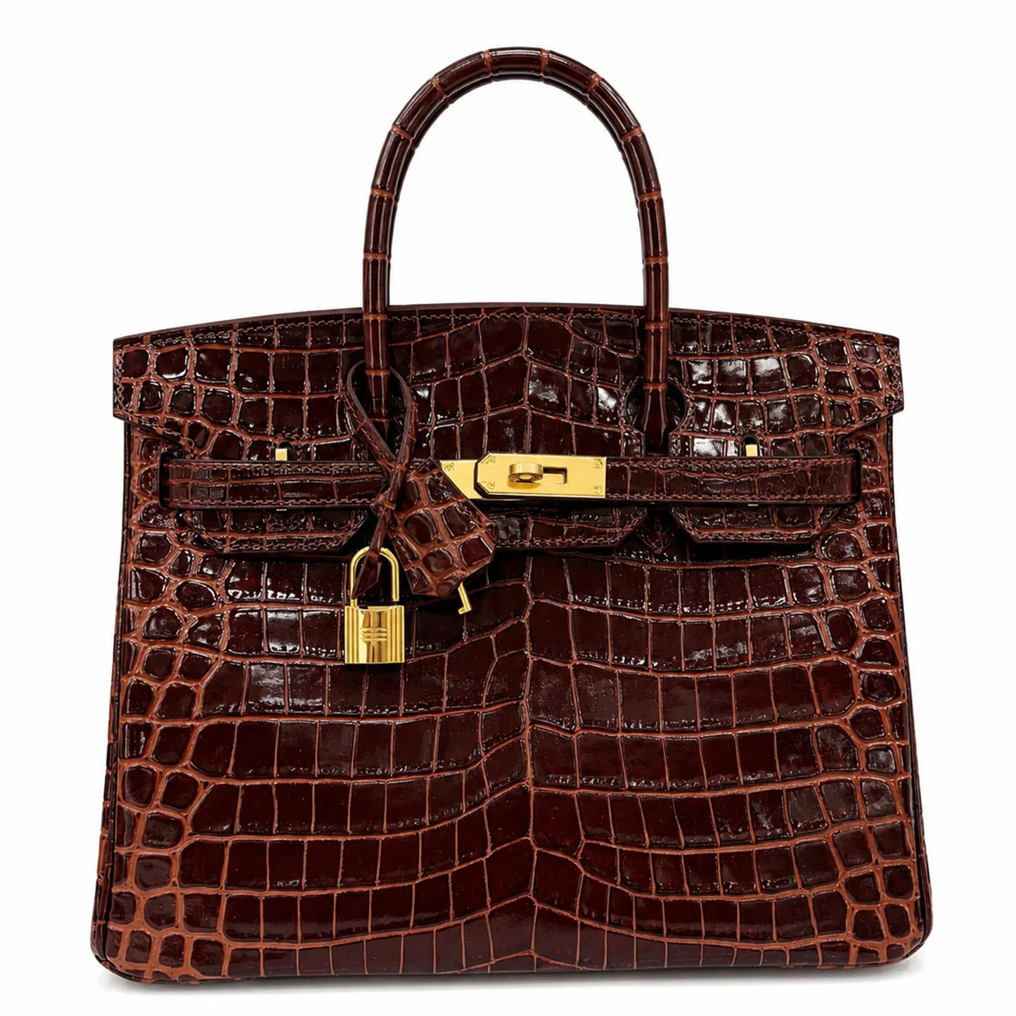 Rich Glossy Deep Burgundy Scaled Retro Cut Medium Trapezoid Tote With Luminous Warm Golden Twist Lock Hardware And Matching Scaled Suspended Metal Padlock Charm