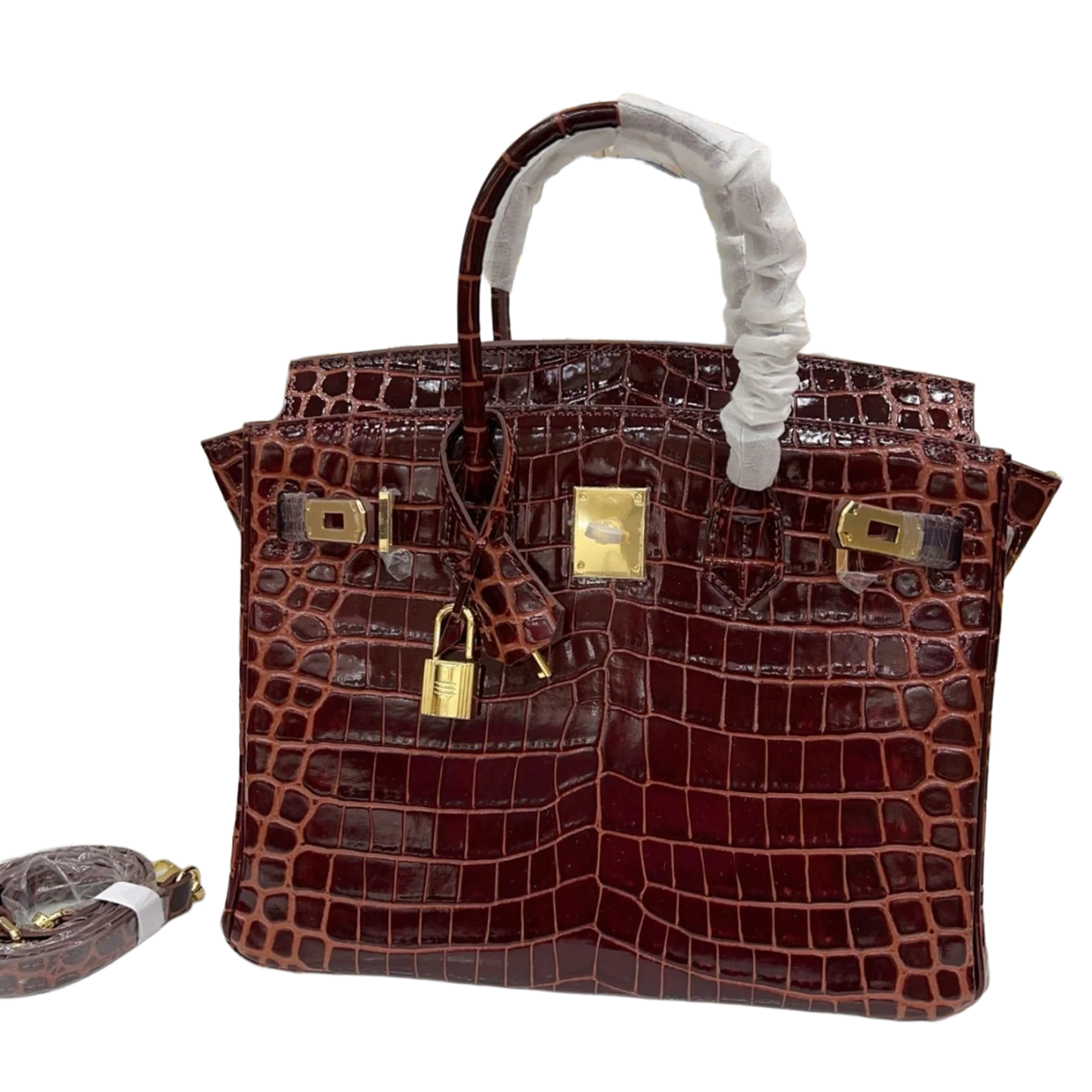 Rich Glossy Deep Burgundy Scaled Retro Cut Medium Trapezoid Tote With Luminous Warm Golden Twist Lock Hardware And Matching Scaled Suspended Metal Padlock Charm
