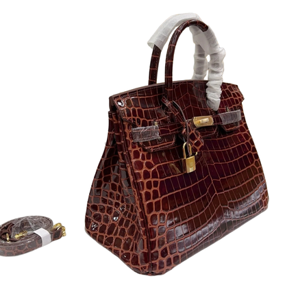 Rich Glossy Deep Burgundy Scaled Retro Cut Medium Trapezoid Tote With Luminous Warm Golden Twist Lock Hardware And Matching Scaled Suspended Metal Padlock Charm