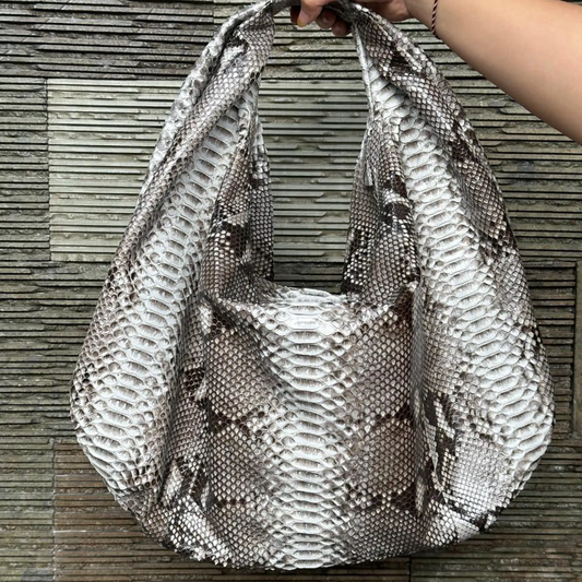 Mottled Natural Grey Scaled Oversized Slouchy Crescent Shoulder Sack With Wide Integrated Single Carry Loop And Spacious Draped Inner Cavity
