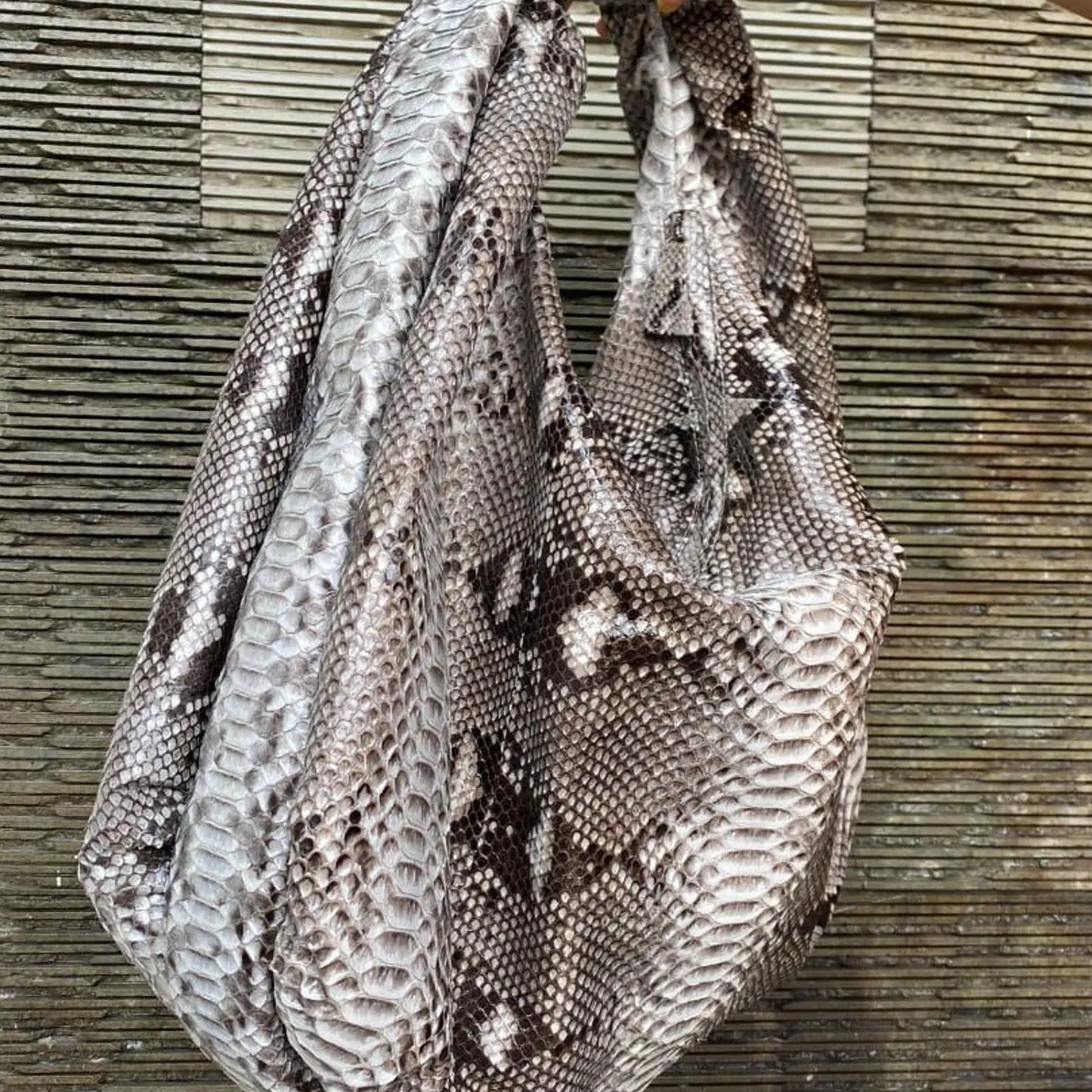 Mottled Natural Grey Scaled Oversized Slouchy Crescent Shoulder Sack With Wide Integrated Single Carry Loop And Spacious Draped Inner Cavity
