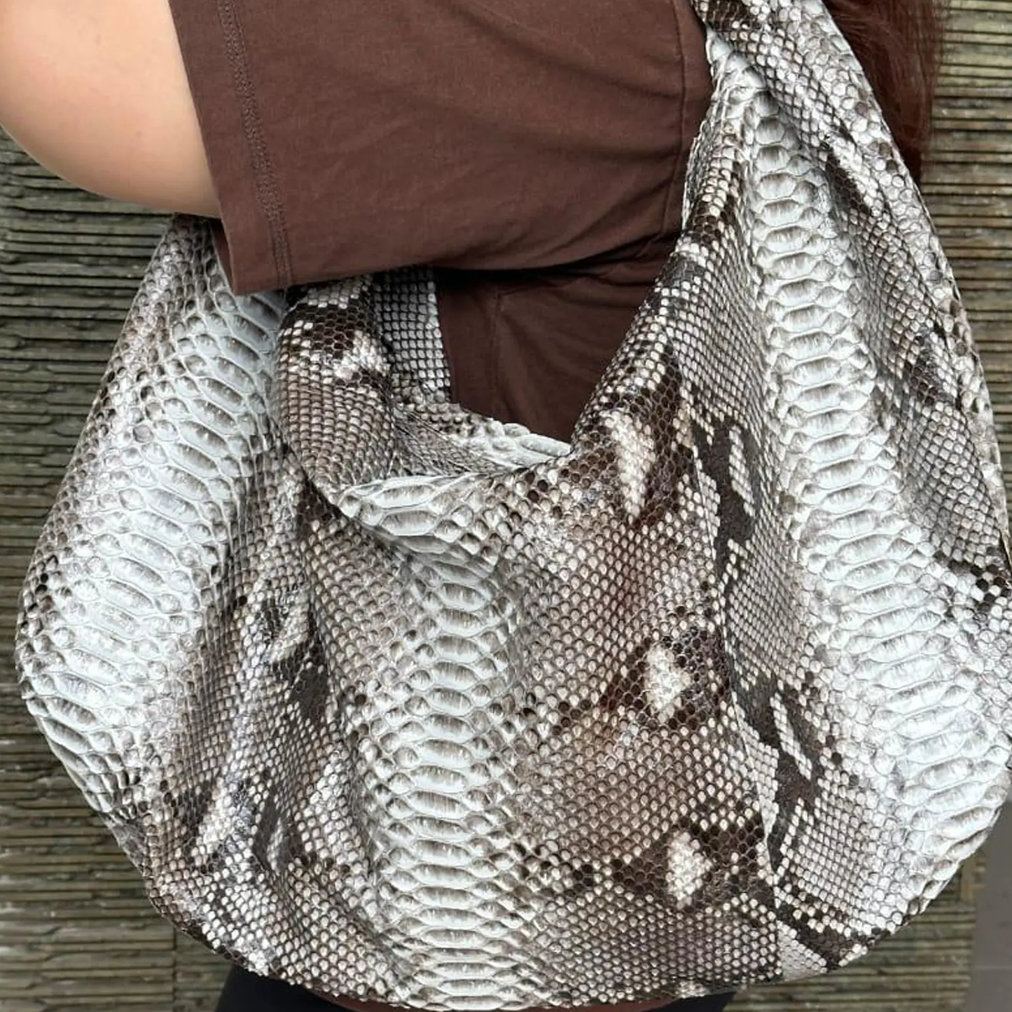 Mottled Natural Grey Scaled Oversized Slouchy Crescent Shoulder Sack With Wide Integrated Single Carry Loop And Spacious Draped Inner Cavity
