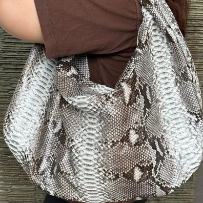 Mottled Natural Grey Scaled Oversized Slouchy Crescent Shoulder Sack With Wide Integrated Single Carry Loop And Spacious Draped Inner Cavity